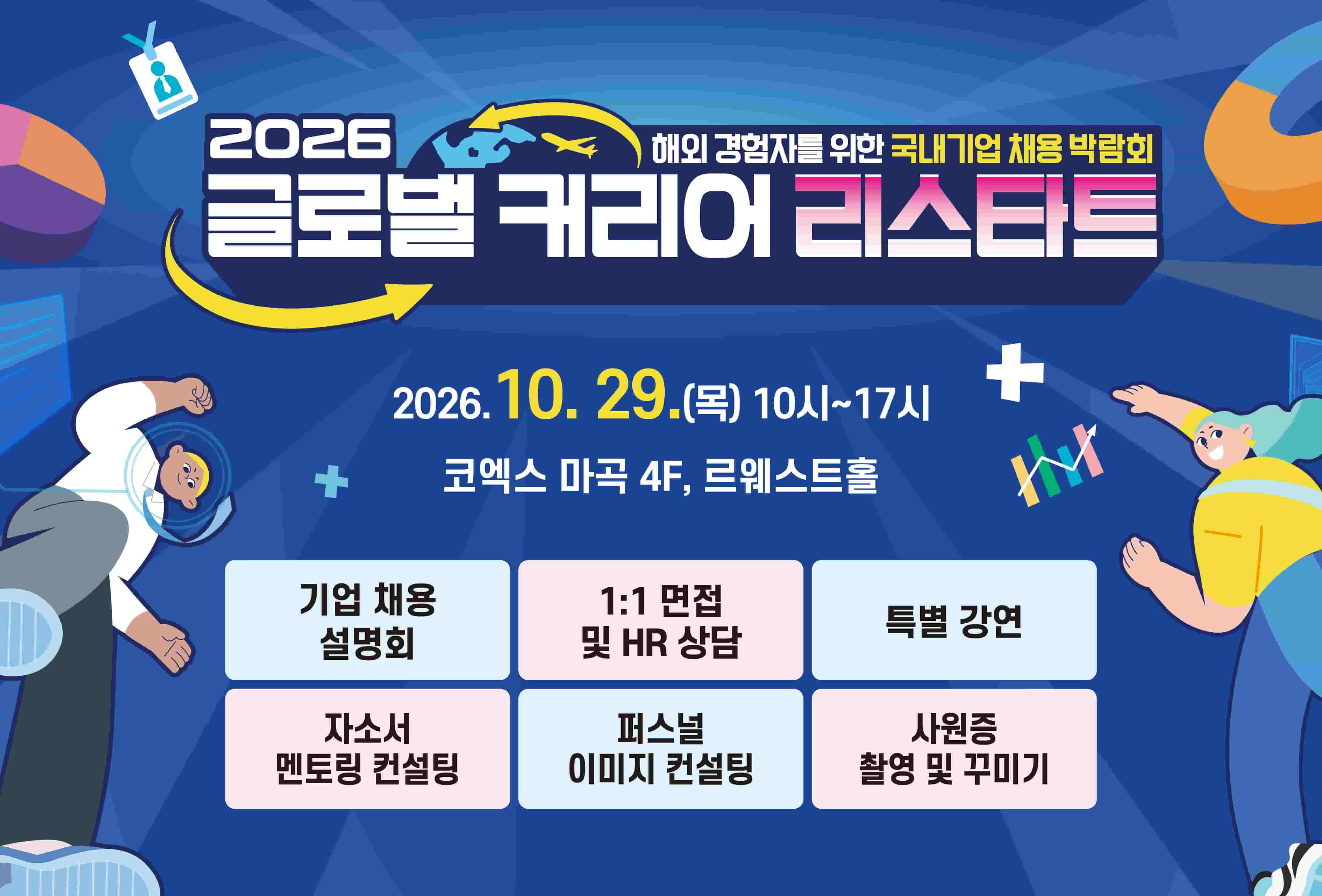 해외경험자를 위한 국내기업 채용박람회
2026 글로벌 커리어 리스타트
2026년 10월 29일 목요일 10시부터 17시까지
코엑스 마곡 4층, 르웨스트홀
기업 채용 설명회, 1:1 면접 및 HR상담, 특별 강연, 자소서 멘토링 컨설팅, 퍼스널 이미지 컨설팅, 사원증 촬영 및 꾸미기